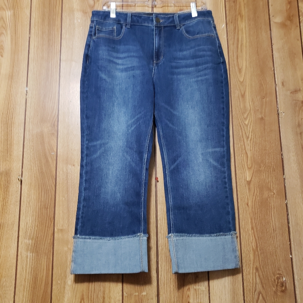 Cropped Jeans 10 Petite Blue Cuff Raw Hem Susan Graver Retro Style Girlfriend